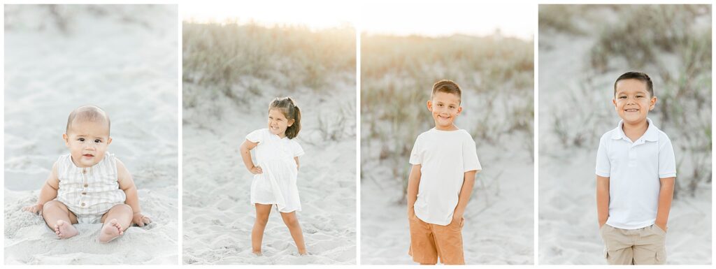 collage photo of 4 siblings on beach taken by beach photographer ally kimpton who is keeping kids happy photos nj 