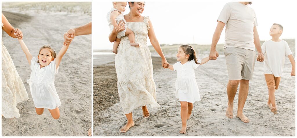photos of little girl keeping kids happy photos nj holding hands with parents walking on beach taken by ally kimpton
