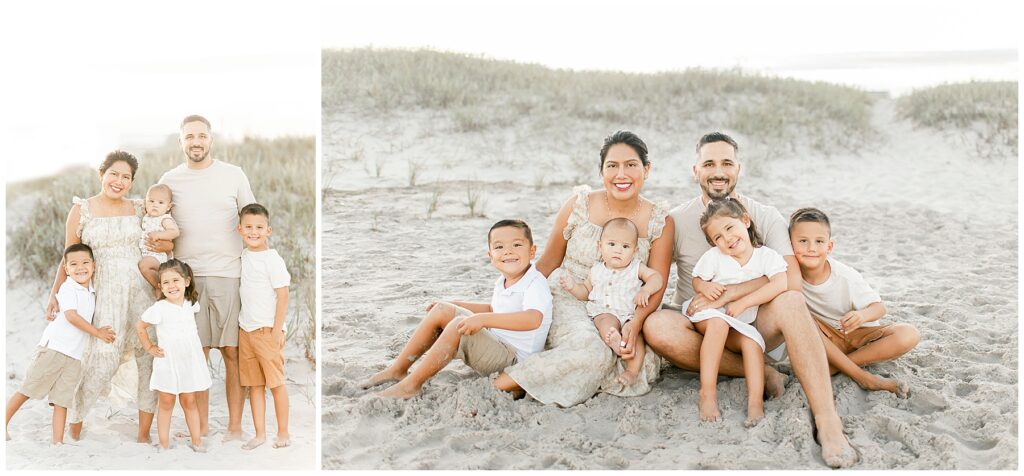 family of six sitting on ocean city beach taken by photographer ally kimpton and keeping kids happy photos nj 